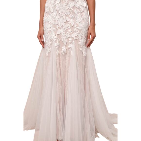 Lulus Exceptional Vow White Tulle Lace Applique Mermaid Maxi Dress size Small - Picture 3 of 11